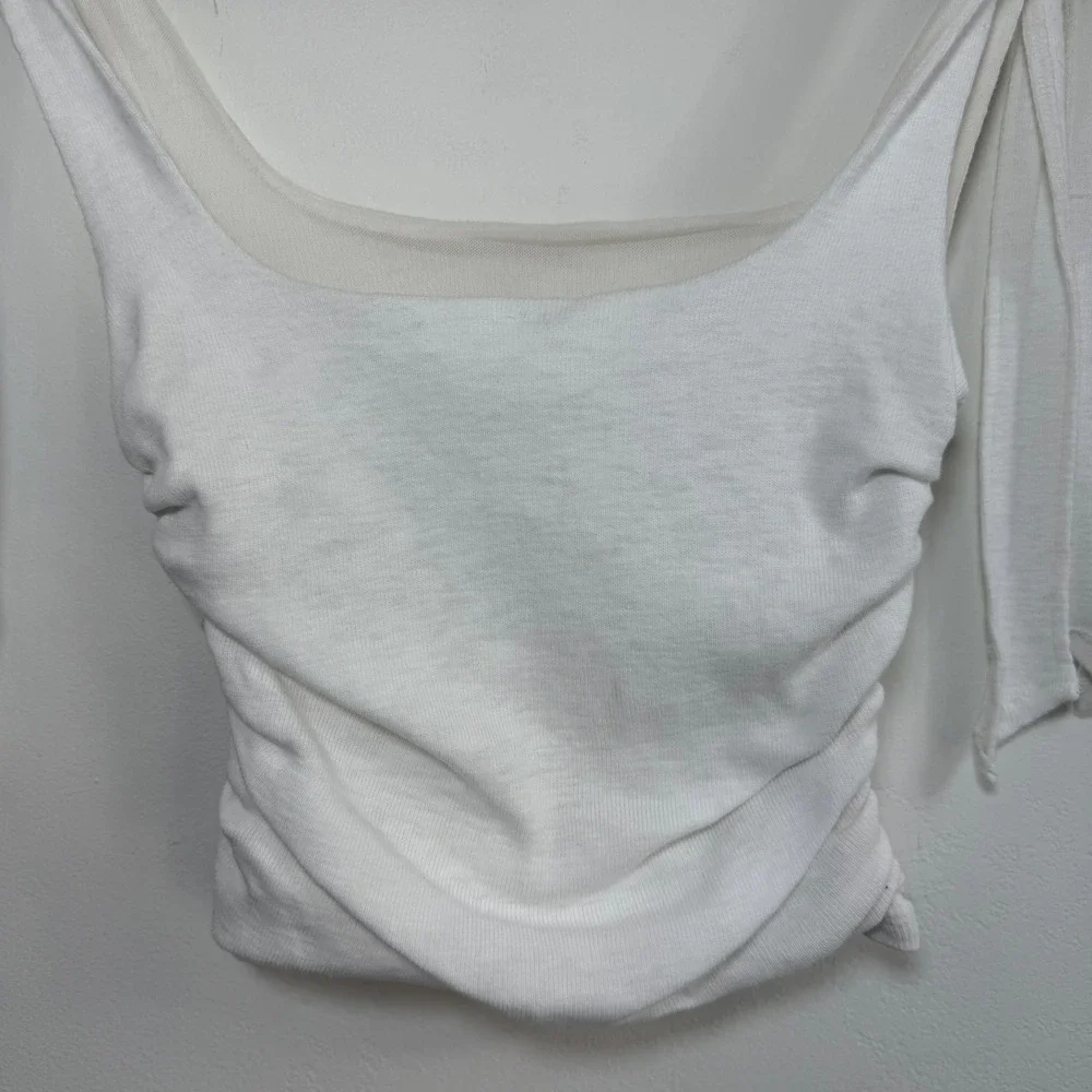 Free People Boulevard Tie Strap Tank Crop Top White Ruched‎ Cotton S Minimalist